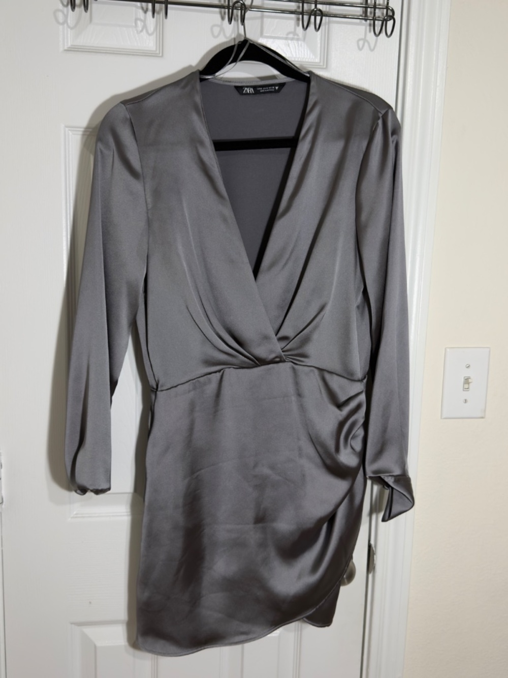 ZARA Gray Satin Wrap Mini Dress - Long Sleeve